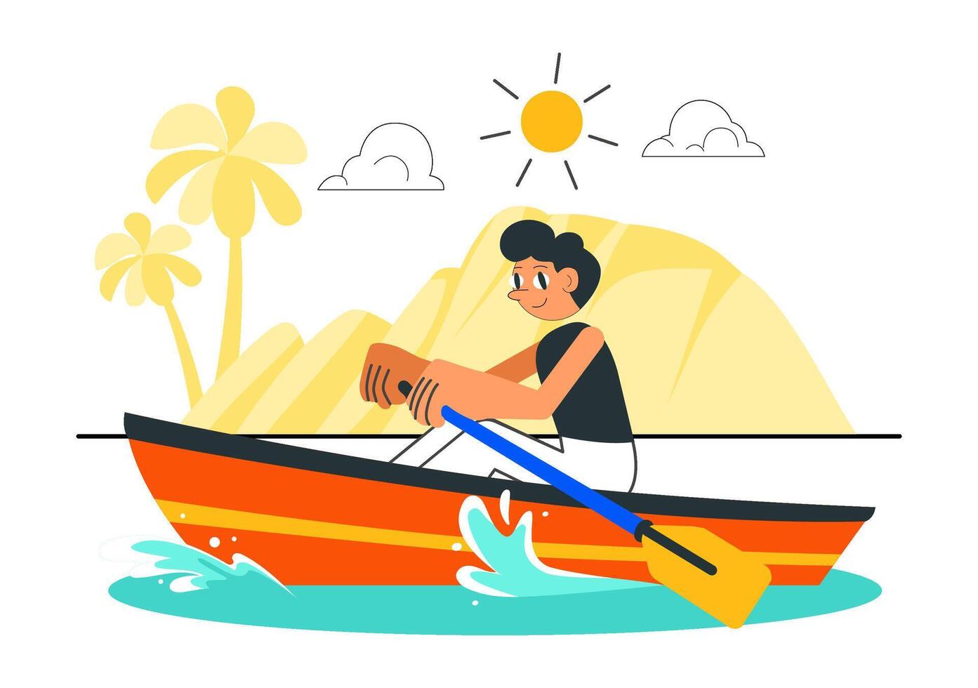 Flat Style Cartoon of People Enjoying Canoeing and Rowing on a Scenic River or Lake vector