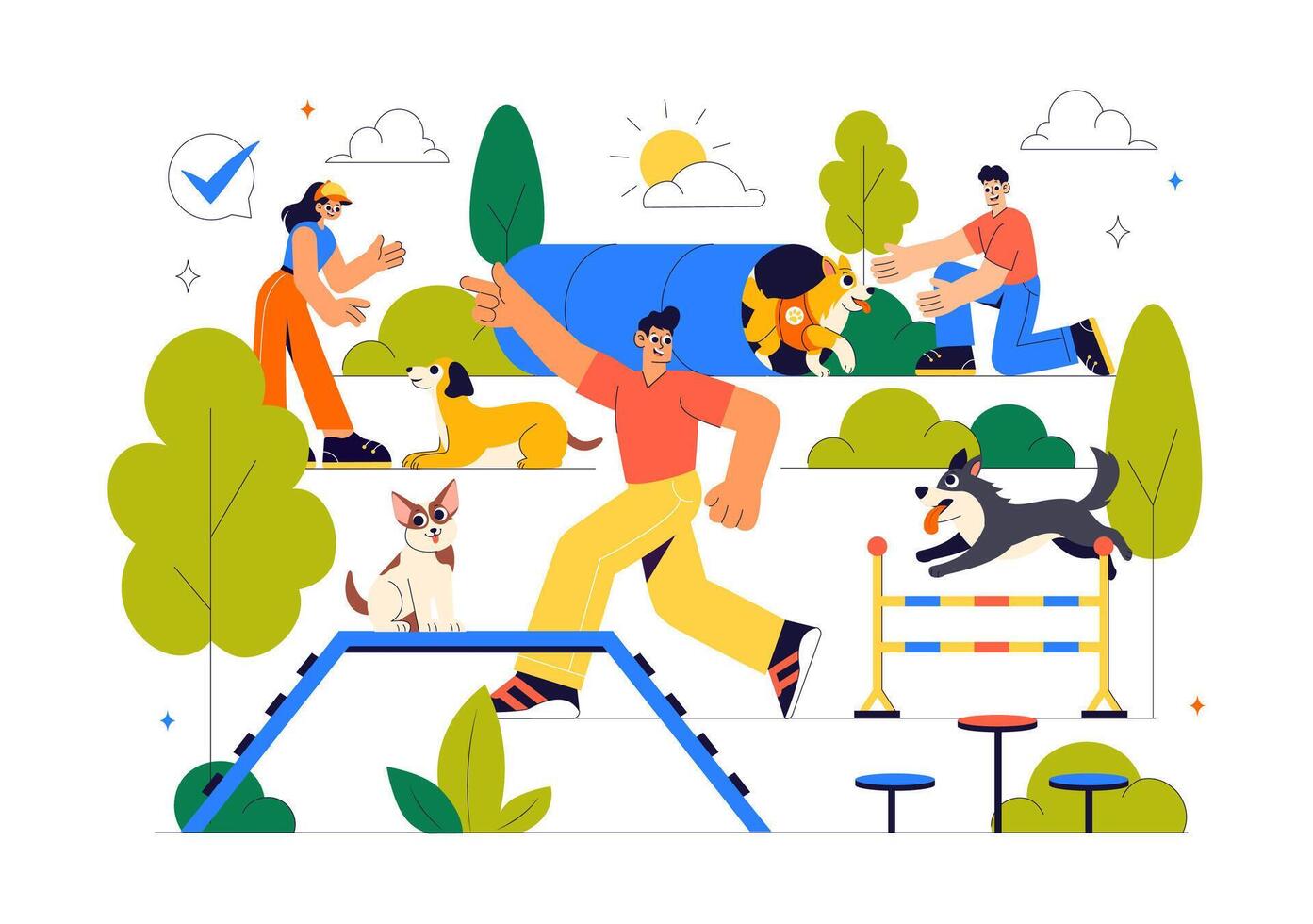 Cartoon of Pet Training with Dogs Performing Jumps and Learning Tricks Outdoors vector