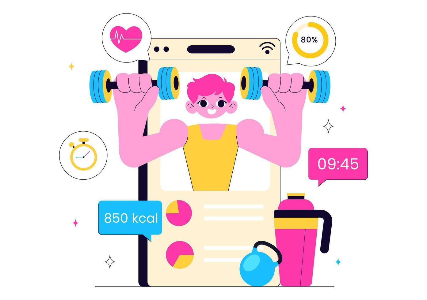 Digital Fitness Platform with Active People Attending Virtual Classes vector