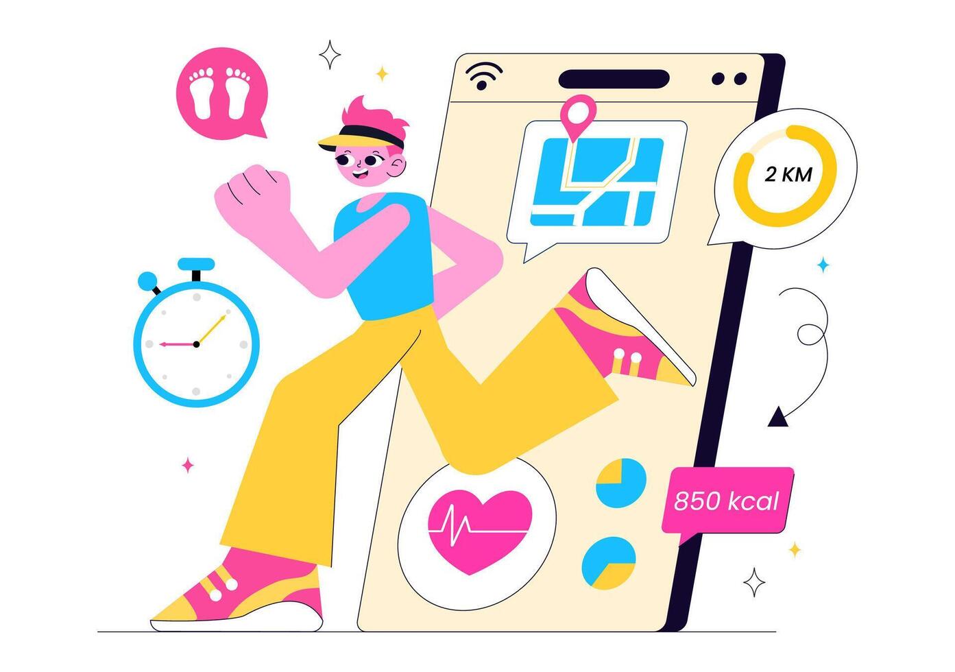 Virtual Exercise Class with People Staying Fit Using a Mobile Fitness Platform vector