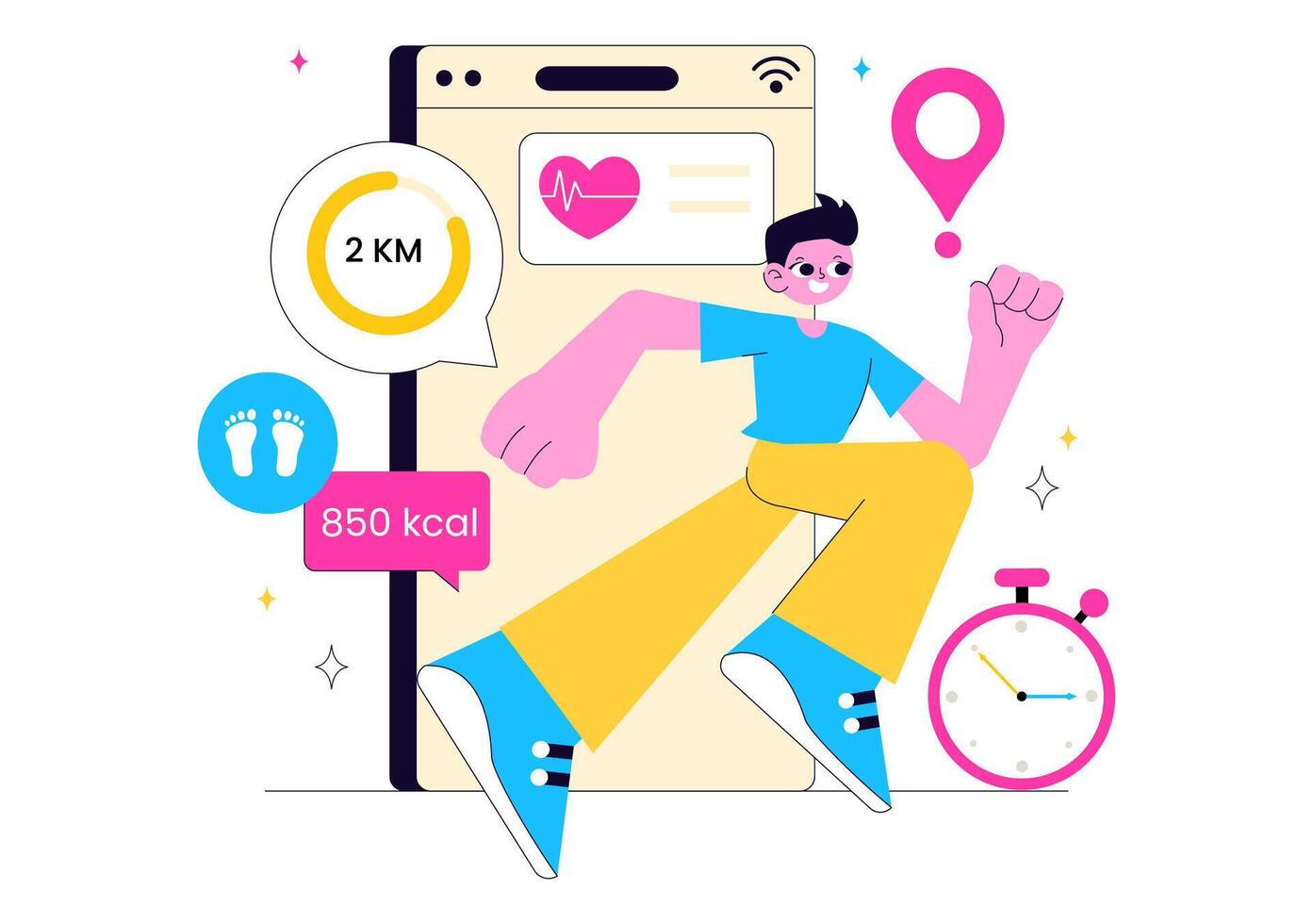 Mobile Fitness Application Illustration Featuring Virtual Exercise and Wellness Motivation vector