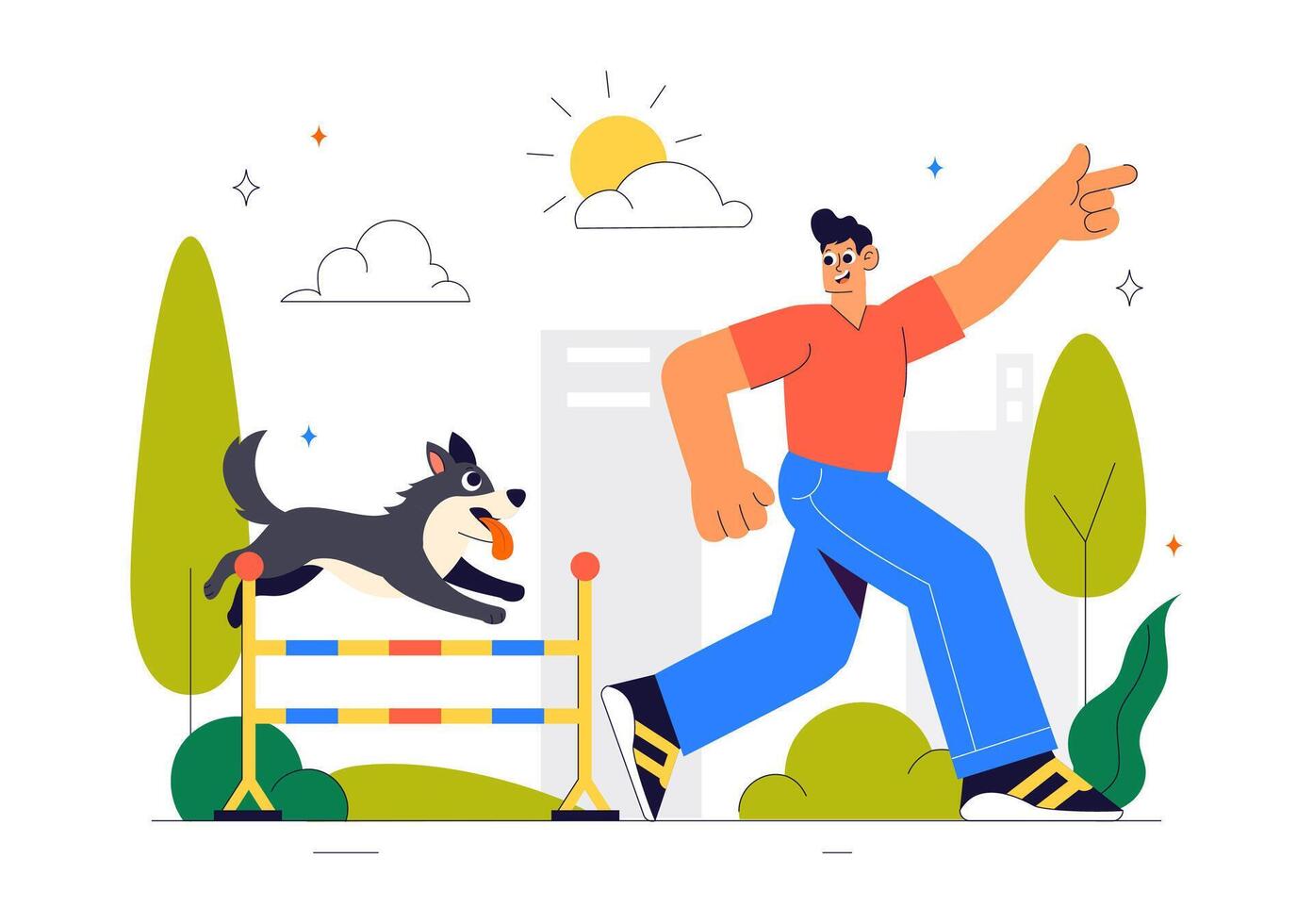 Dog School Illustration Featuring Outdoor Pet Training and Fun Jumping Exercises vector