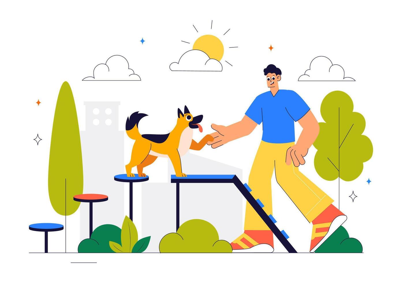 Illustration of Dogs at a Training Playground with Instructor Teaching Commands and Jumps vector