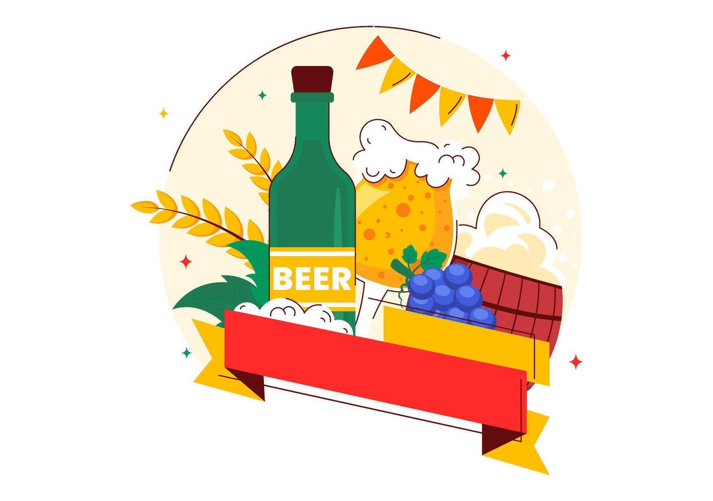 Celebrating International Beer Day with Craft Beer, Friends Toasting, and Brewing Kegs in a Flat Background vector