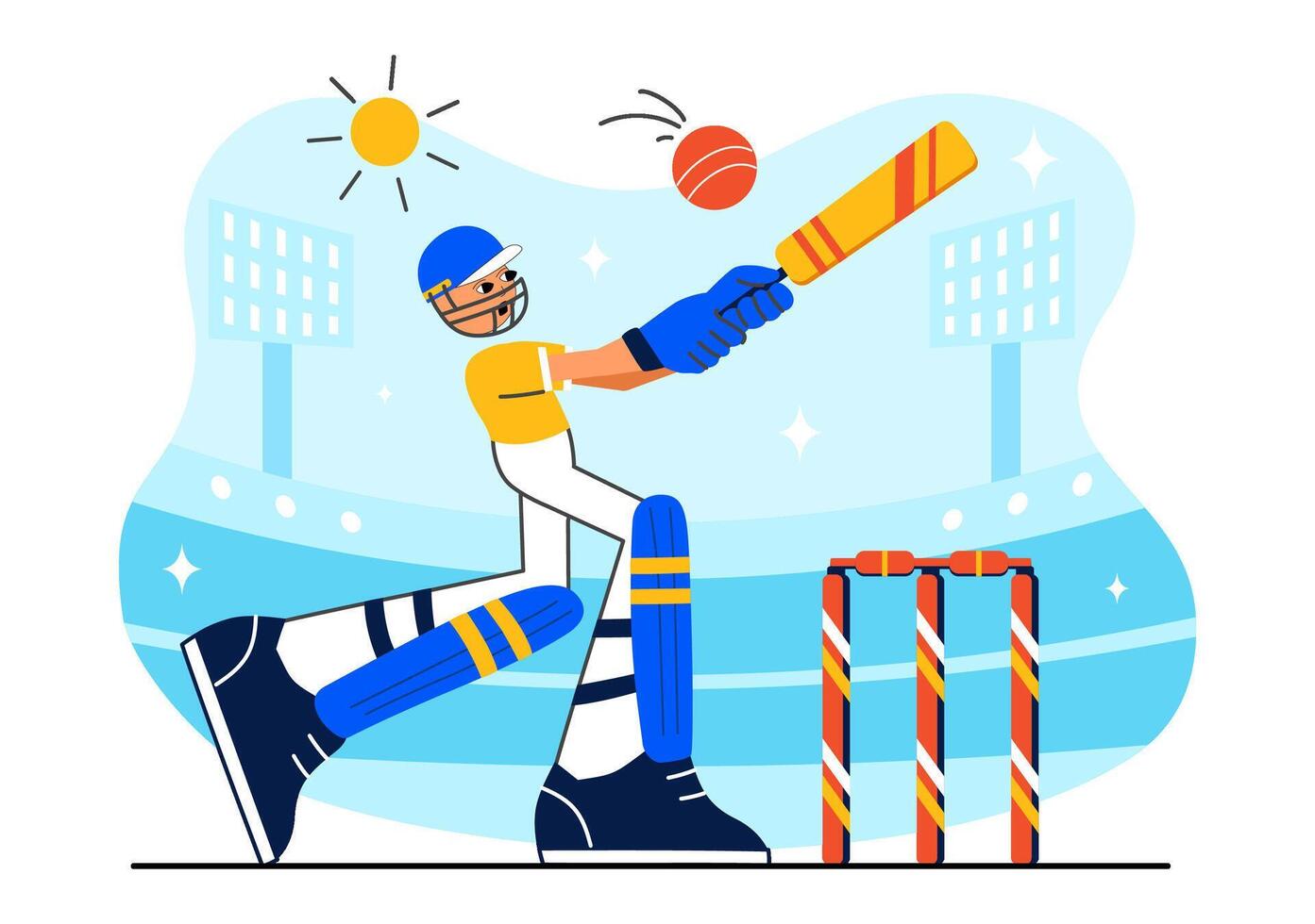 Flat Style of a Batsman Playing Cricket During a Tournament Match with Bat and Ball Elements vector