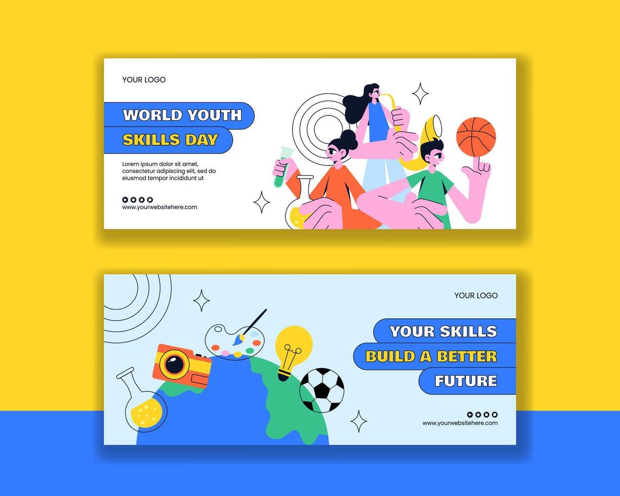 Illustration of Social Media Horizontal Banner for World Youth Skills Day in Cartoon Style vector