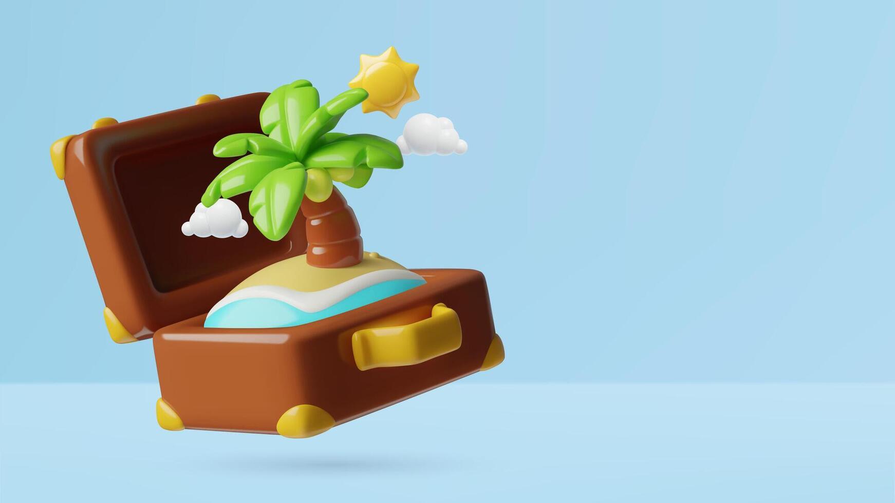 Summer vacation and travel concept 3d illustration with palm tree and sea beach inside of suitcase vector