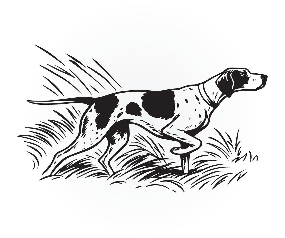 pointer dog illustration, a black and white drawing of a dog running through the grass vector