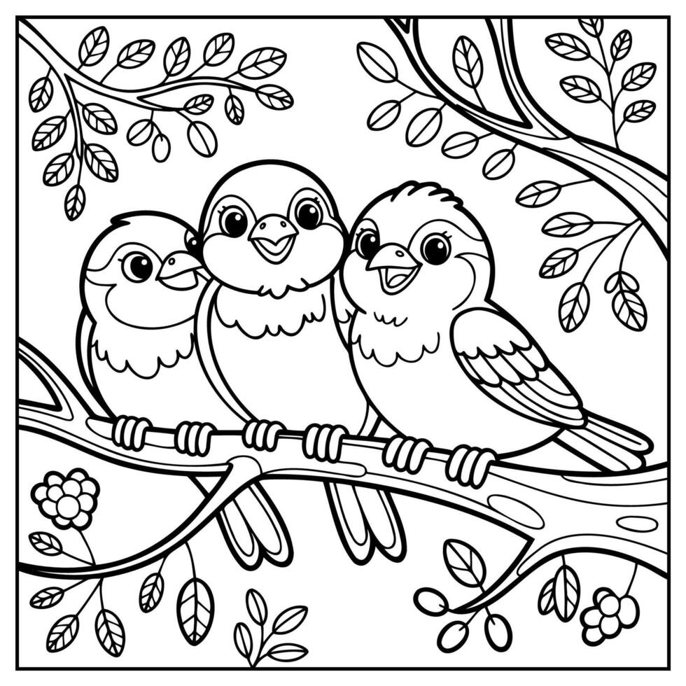 Coloring Page Outline Of cartoon sparrows on a tree branch vector