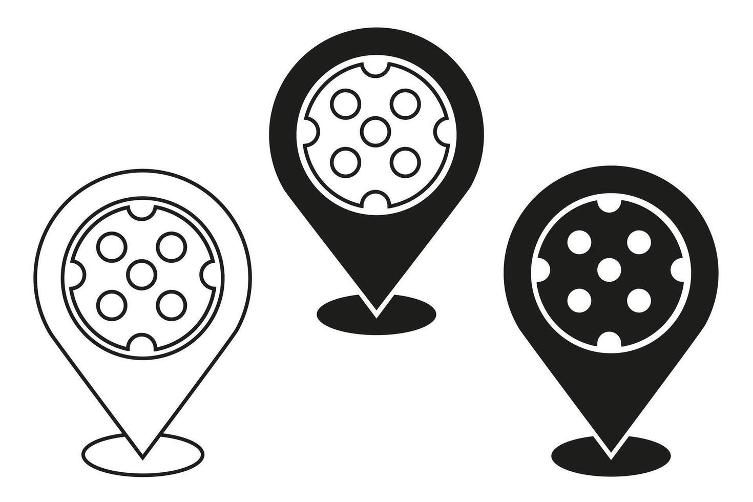Set of combination of geolocation icon and pickleball ball in center black and white colors. Hand drawn monochrome pin location collection. Set of navigation markers for pickleball theme design. vector