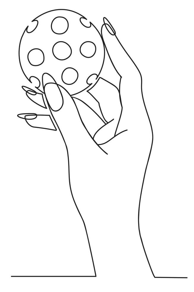 Continuous one line drawing female hand holding pickleball ball, drawn in one line, isolated on white background. Outline illustration. vector