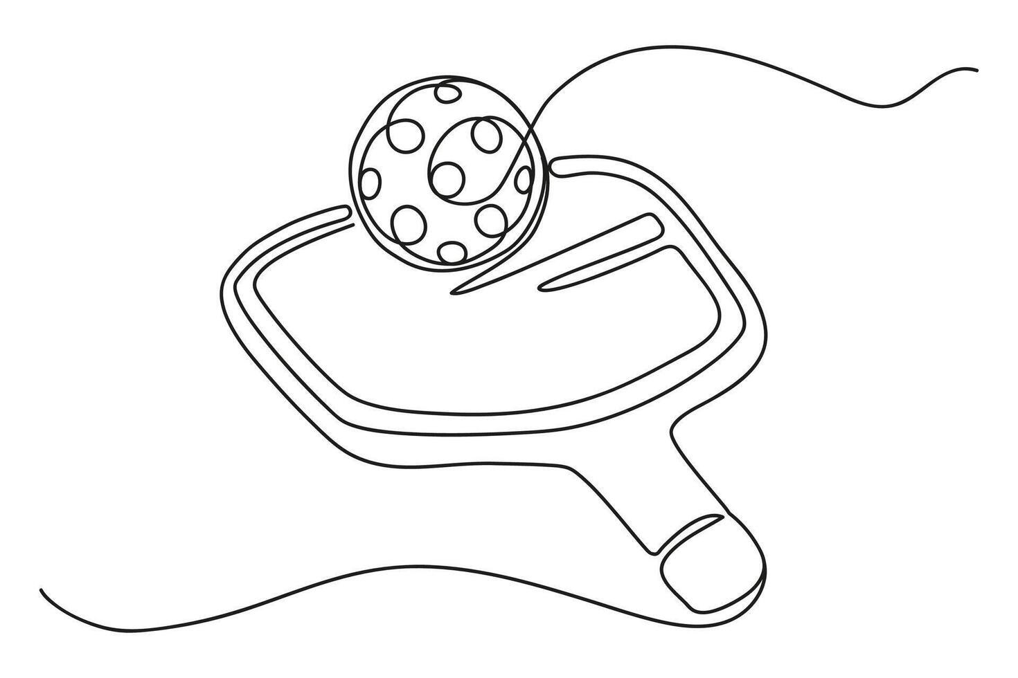 Continuous one line drawing of a pickleball racket with a ball on it. Pickleball racket and ball in one line. Outline illustration isolated on white background. vector