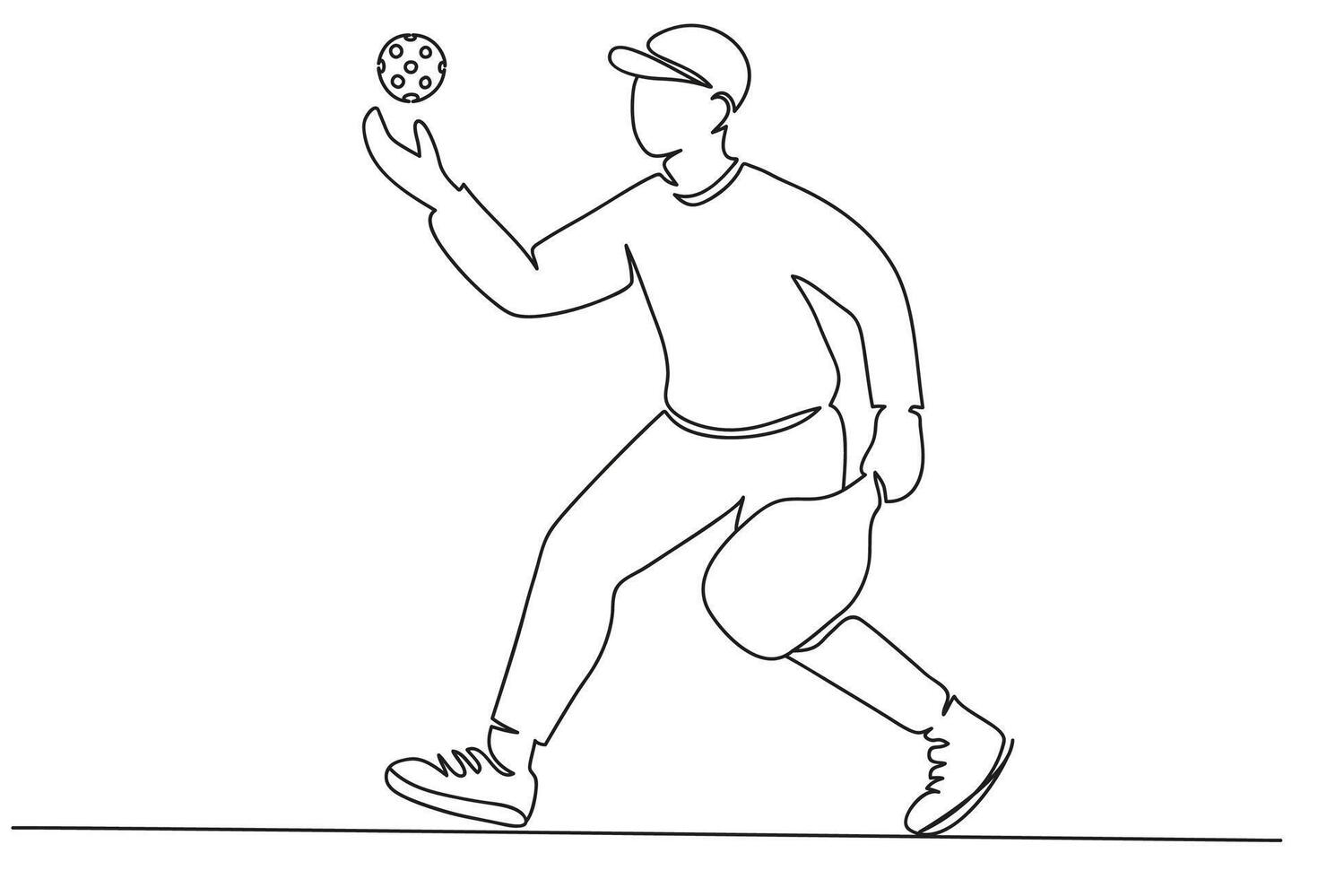 Silhouette of young sporty man playing pickleball in continuous one line drawing isolated on white background. Outline illustration. vector