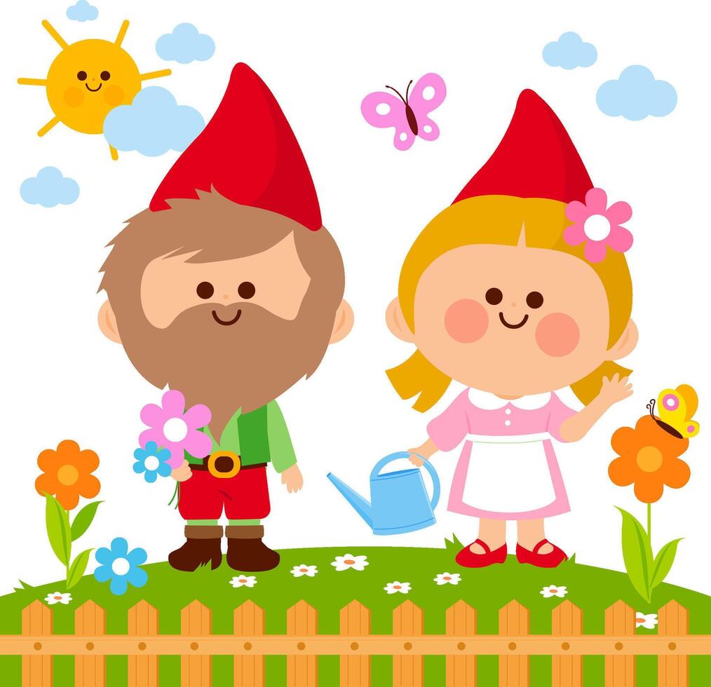 Cute garden gnomes in a beautiful garden in springtime watering the flowers. Cute little dwarf on lawn of home backyard. vector