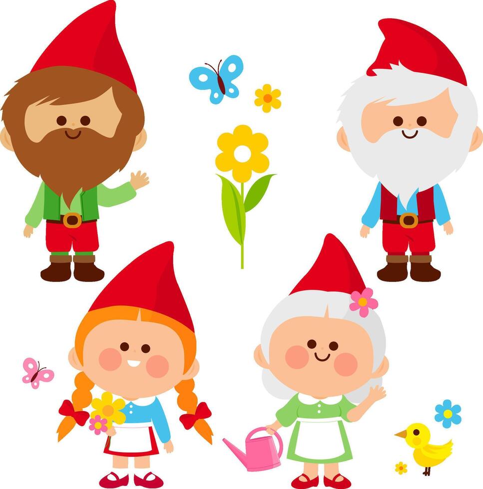 Cute diverse happy male and female garden gnomes in the garden. Garden gnomes in the garden in springtime. Gardening dwarf characters with red hats. vector