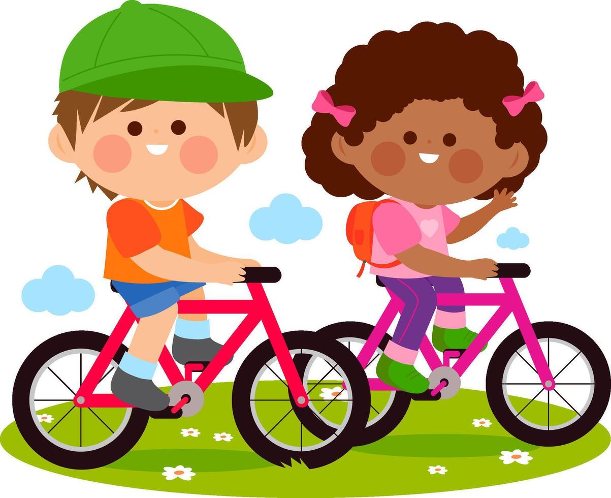 Little boy and girl riding their bicycles at the park. Active children riding on bikes. vector