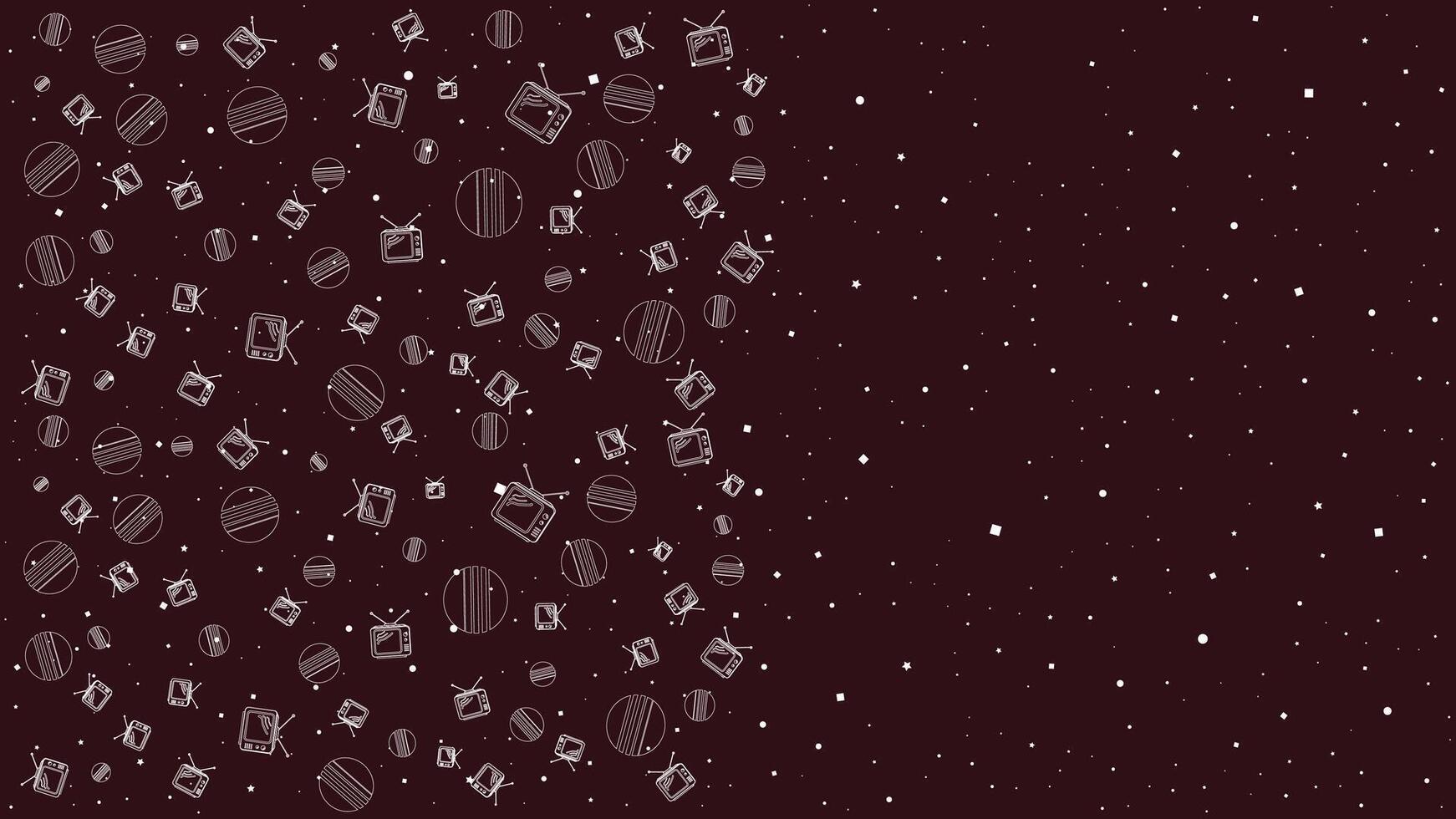 Retro TV and Planets Floating in Outer Space with Star Field on Dark Maroon Seamless Background vector