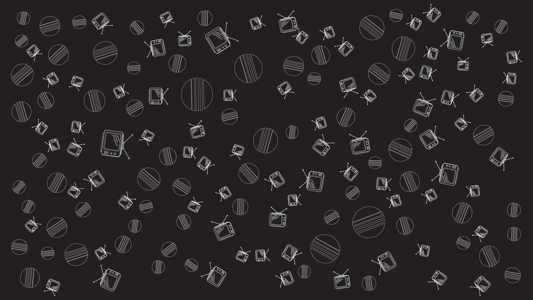Seamless Retro TV and Line Circle Pattern in Monochrome on Black Background vector
