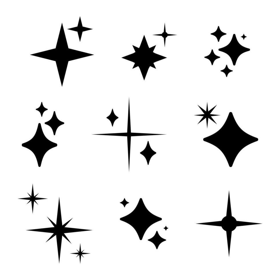 Shine, sparkle black stars set on a white background. Sparkle star minimalist symbol. Shine retro icon. Blink twinkle, sunburst star shapes collection. Magic light flare flat templates pack. vector