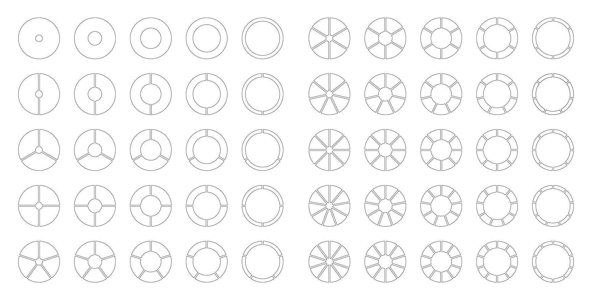 Circle division from 1 to 10 equal parts. Segmented diagrams. Coaching empty blank. Pie, pizza chart icons. Set of black thin Infographics patterns. Wheel round divided. Section graph. Donut charts. vector