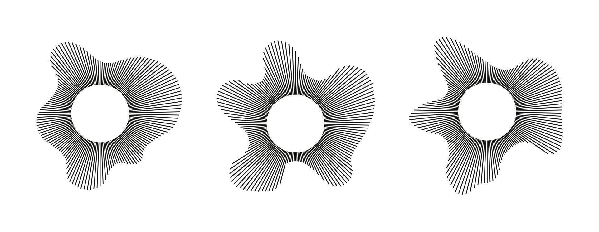 Radial wavy frames. Circular waves. Sound lines patterns. Sound circle rings. Radial rays. Trendy design elements. Equalizer logotype icons, radial spectrum. Voice flat symbol. Depicting audio music. vector