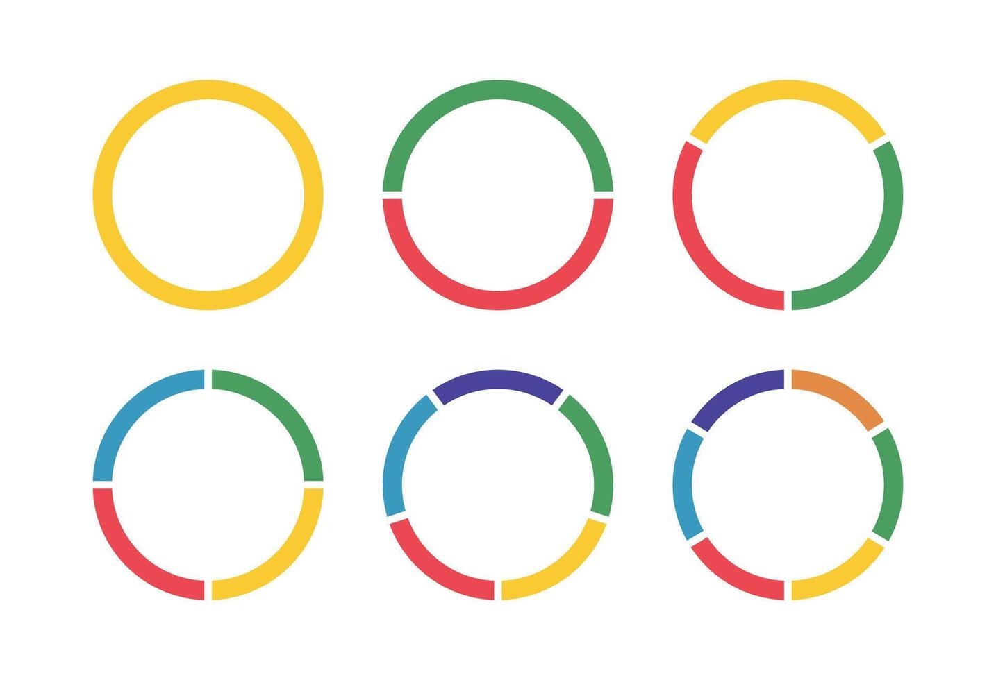 Donut charts segmented on equal parts from 1 to 6. Wheels divided in sections. Diagrams multicoloured infographic. Circle section graph. Pie, pizza chart round icon. Loading bar flat template. vector