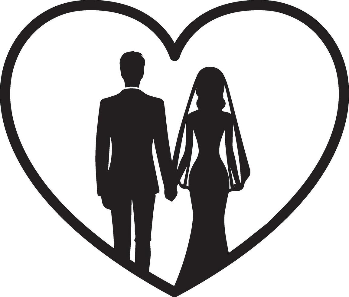 Bride and groom silhouette inside heart, romantic wedding design. vector