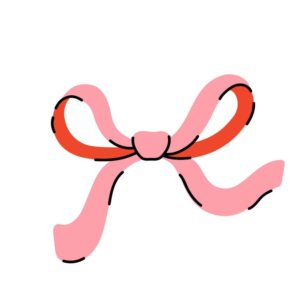 Coquette pink red bow of ribbon. Flat bowknot, gift bow clipart. Whimsical trendy illustration. Beautiful holiday decorative element vector