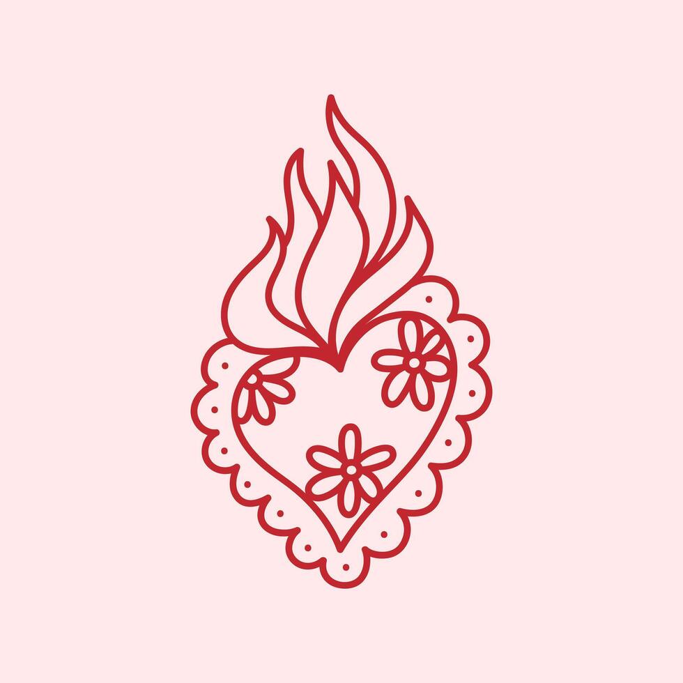 Vintage doodle heart decorated with flowers, lace. Hand-drawn illustration of burning heart fire. Retro design element for cards, invitations. clip art vector