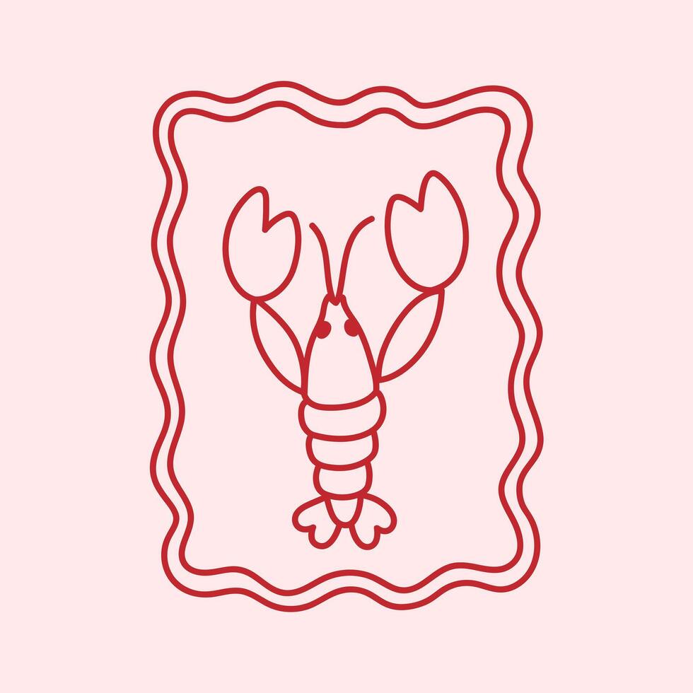 Doodle scribble abstract lobster with claws. Coquette aesthetic line art frame. Marine crawfish with pincers. Hand drawn sketch, creative drawing. Water animal, seafood. Summer design element vector