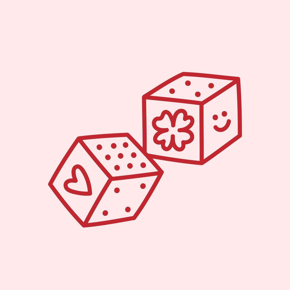 Pair of dice with clover leaf, heart and smiling face. Cubes symbol of luck. Coquette hand drawn doodle element. Vintage tattoo design vector
