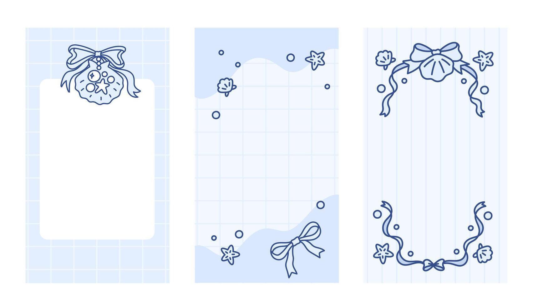 Trendy stories templates for social media. Set of marine vertical frames with coquette pretty charming bows, seashells, pearls, sea stars. Checkered and striped background. Summer beach vibe vector