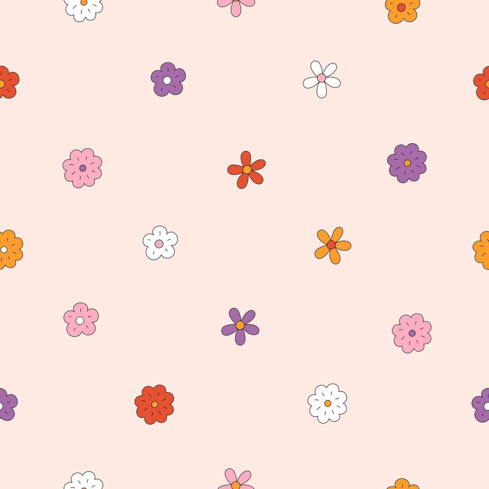 Retro seamless pattern of small chamomile flowers. Floral ditsy design with groovy tiny daisies. Vintage 60s background. Repeating botanical boho print for wallpaper, wrapping, textile vector