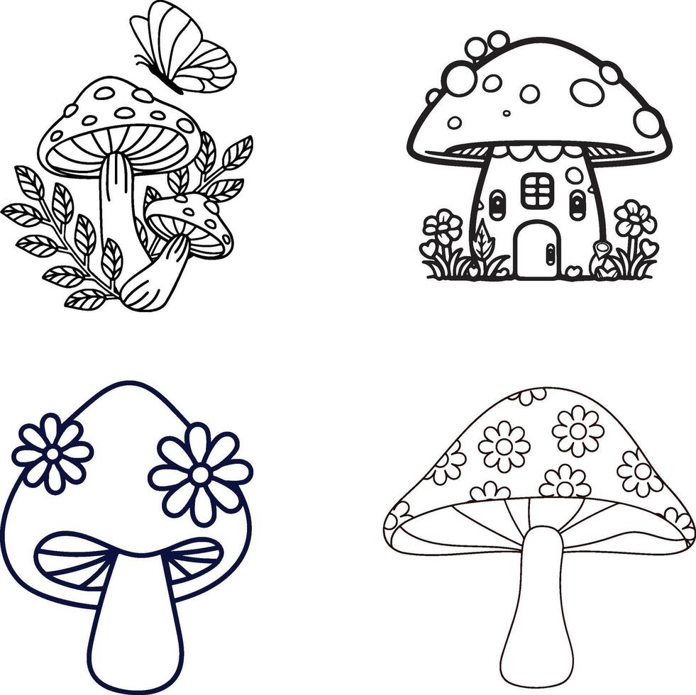 Mushroom doodle set with floral and fantasy elements. vector