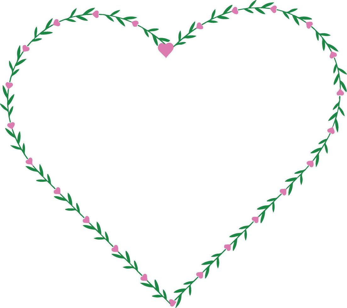 Heart shape made of green branches and pink hearts. vector