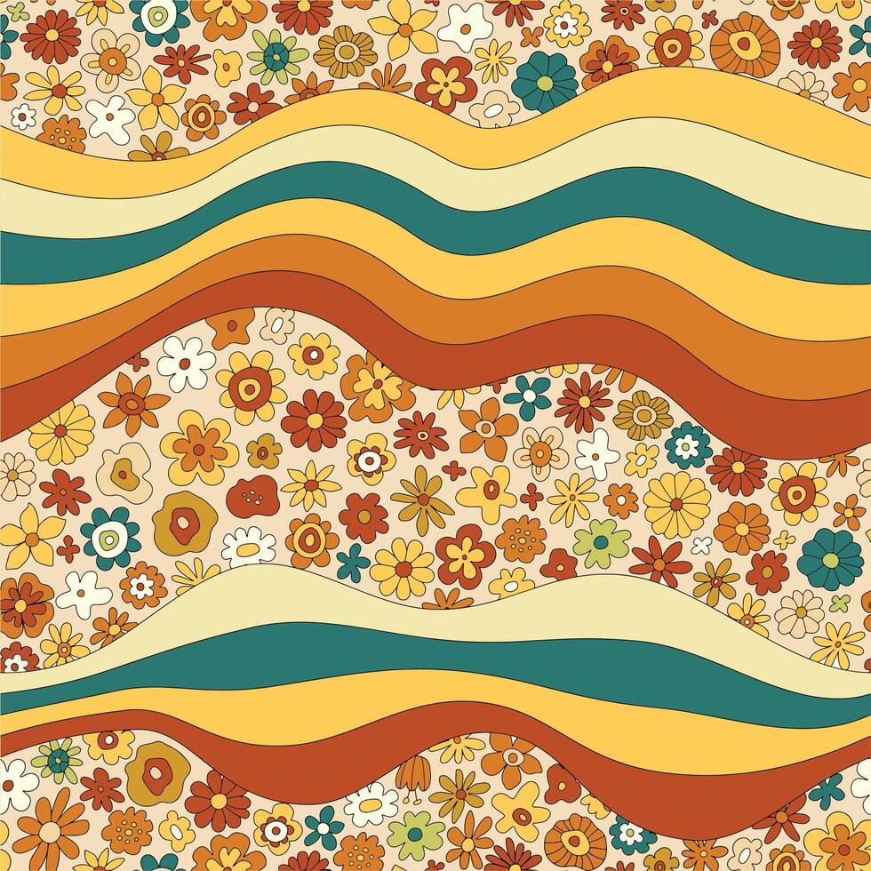 Retro floral seamless pattern with wavy lines. vector