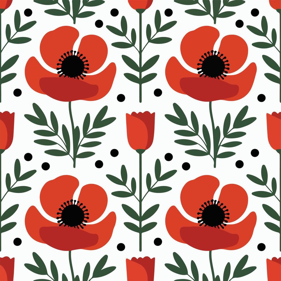 Seamless red poppy flower pattern background. vector