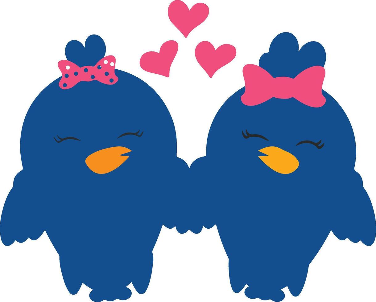 Cute love birds with bows and hearts. vector