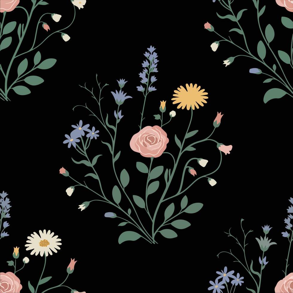 Floral pattern with wildflowers on black background. vector