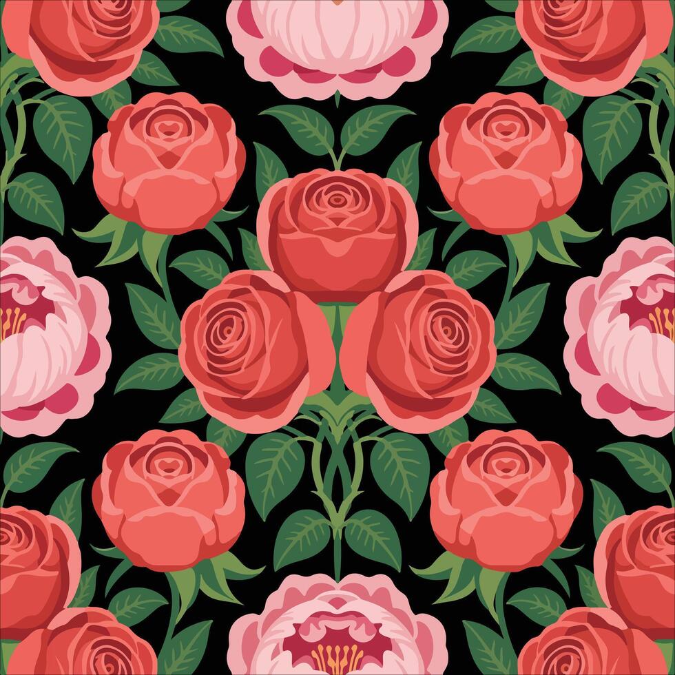 Seamless floral pattern with red and pink roses. vector