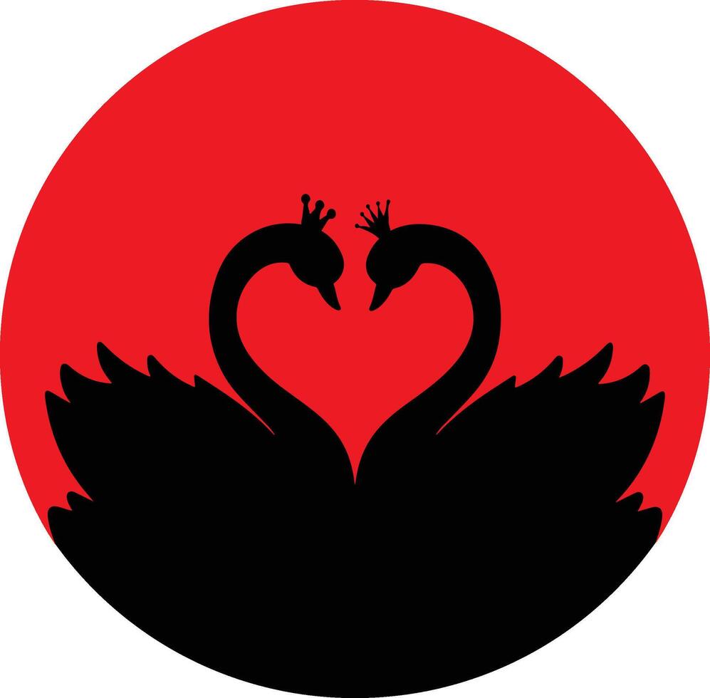 Romantic swan couple silhouette with red sun. vector