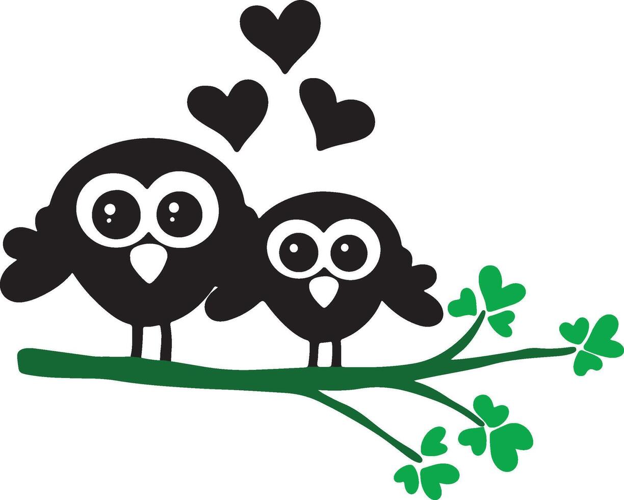 Cute love owls on tree branch. vector