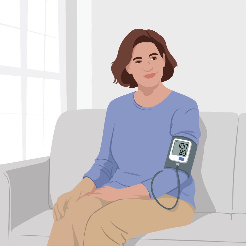 Woman sitting on couch checking blood pressure vector