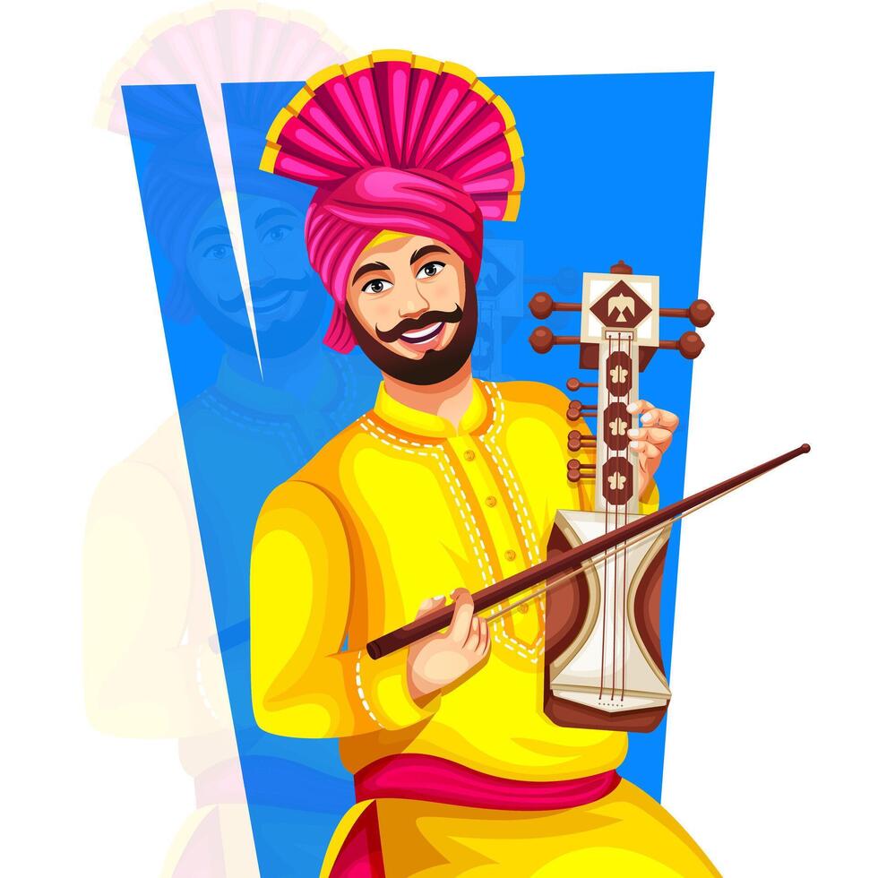 A Bhangra dancer holding the Sarangi Bhangra musical instrument and performing Bhangra steps during an event vector
