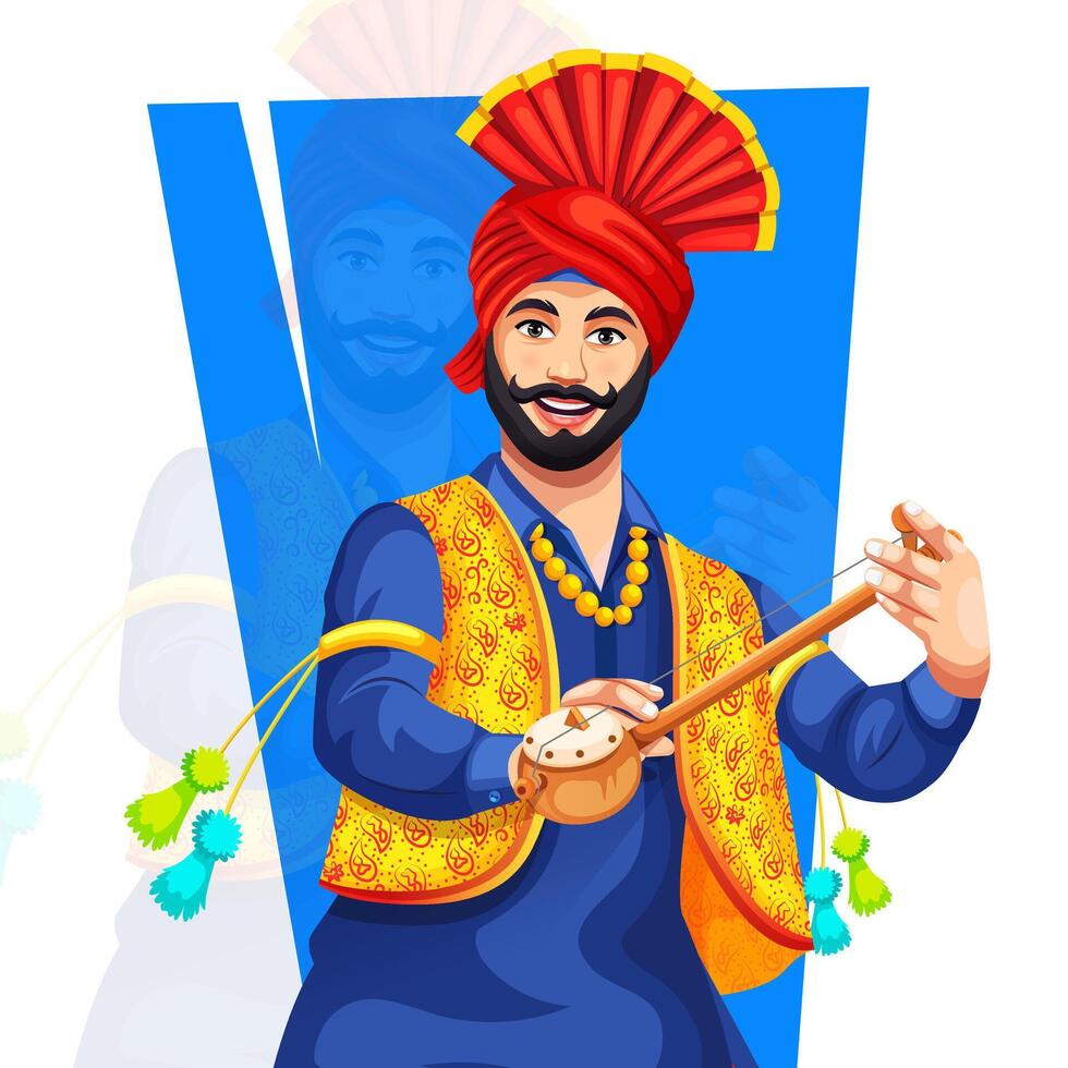 Sikh Bhangra dancer performing bhangra with traditional musical instrument Tumbi during event. Occasion like Baisakhi or Lohri vector
