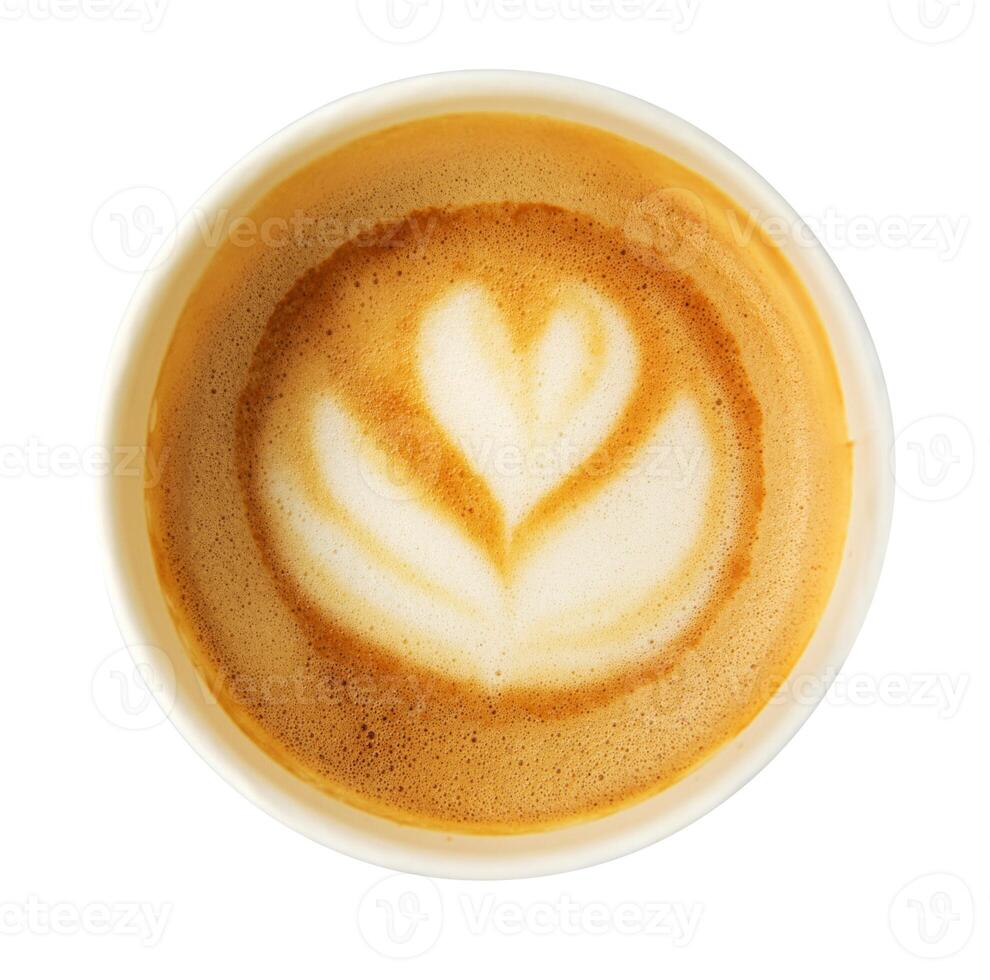 Isolated paper latte cup with heart and flower. Latte art isolated on white background photo