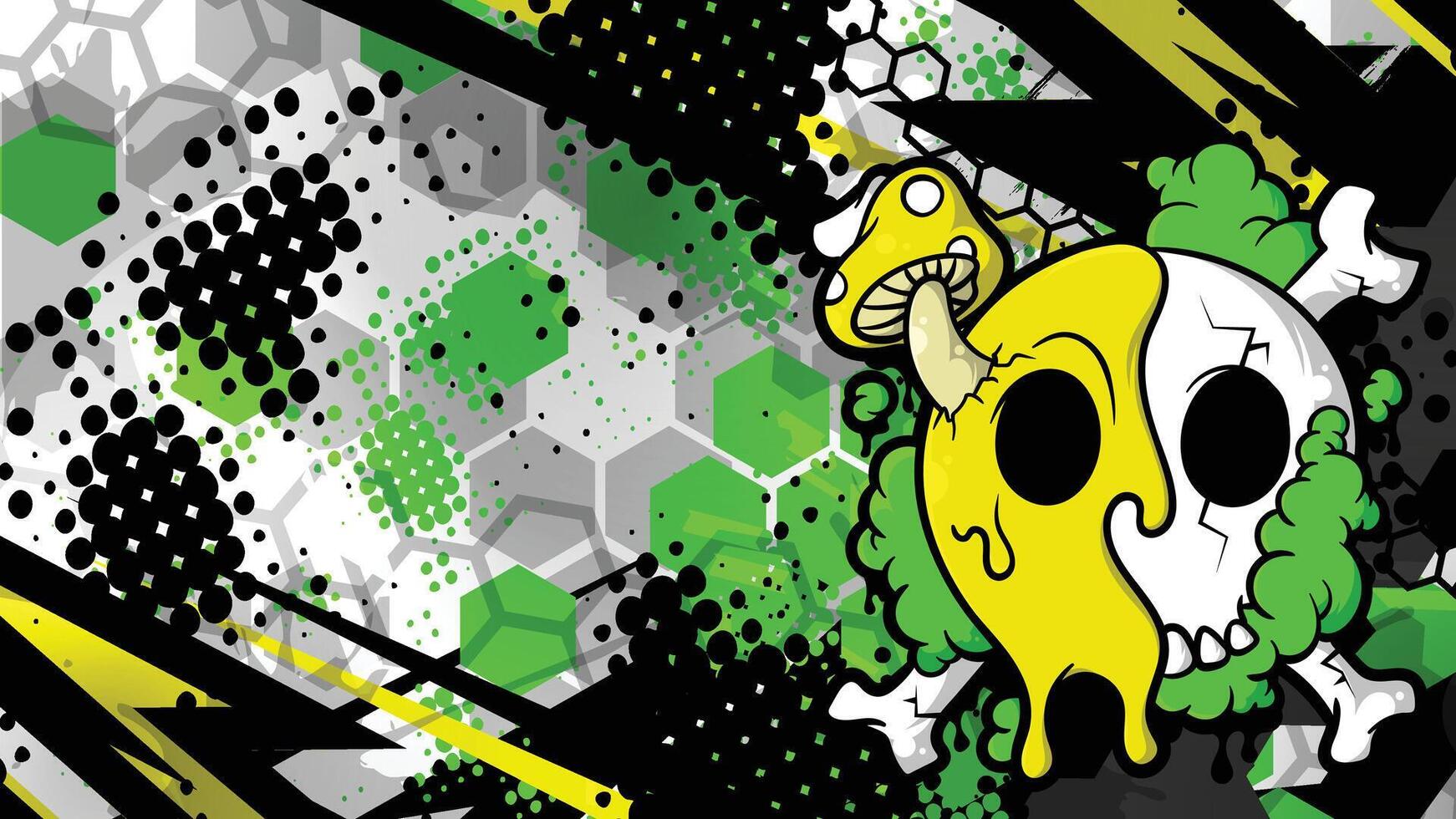 a cartoon skull with a green and yellow design vector