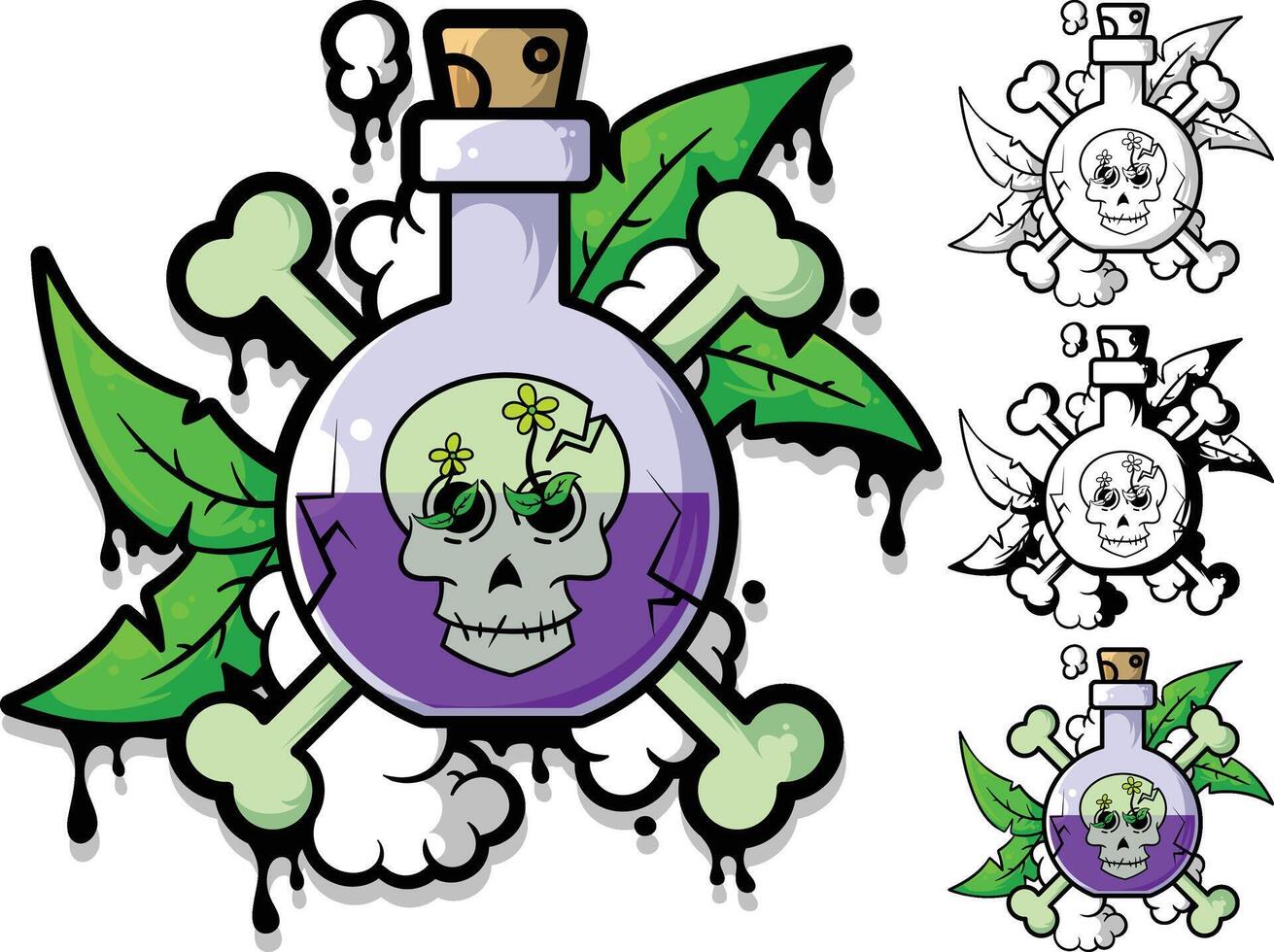 Magic Poison Potion Bottle with Skull - Graffiti Cloud and Leaf Background vector