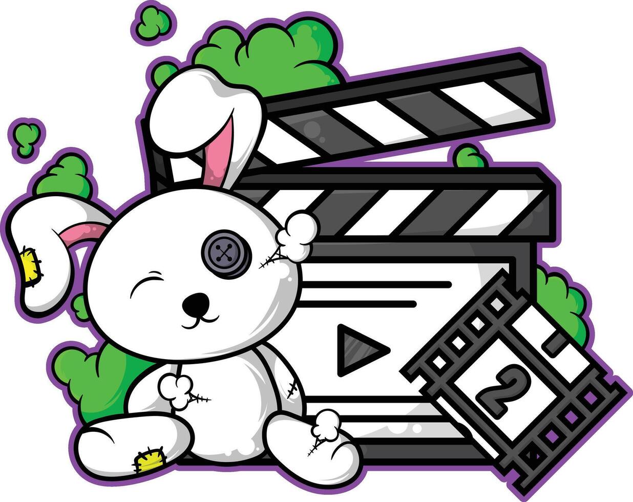a cartoon bunny sitting next to a movie reel vector