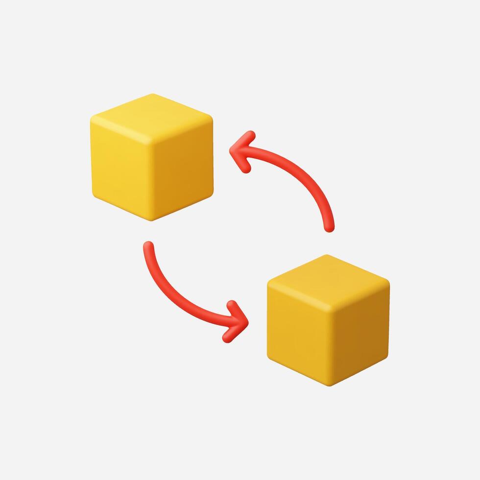 Two yellow cubes with arrows indicating a connection and transition. vector